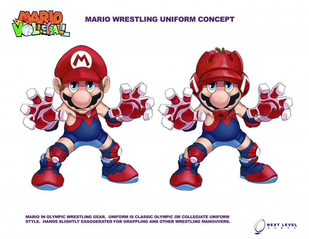 Two of the proposed designs for Mario's wrestling outfit.